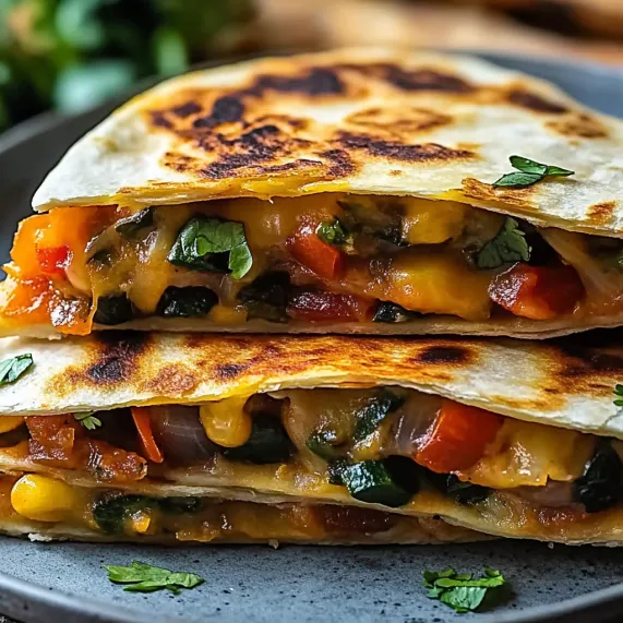 A stack of three quesadillas with vegetables.