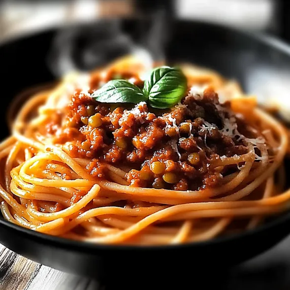 A bowl of spaghetti with sauce and a green leaf on top.