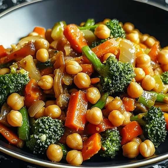 A bowl of vegetables including carrots, broccoli, and chickpeas.