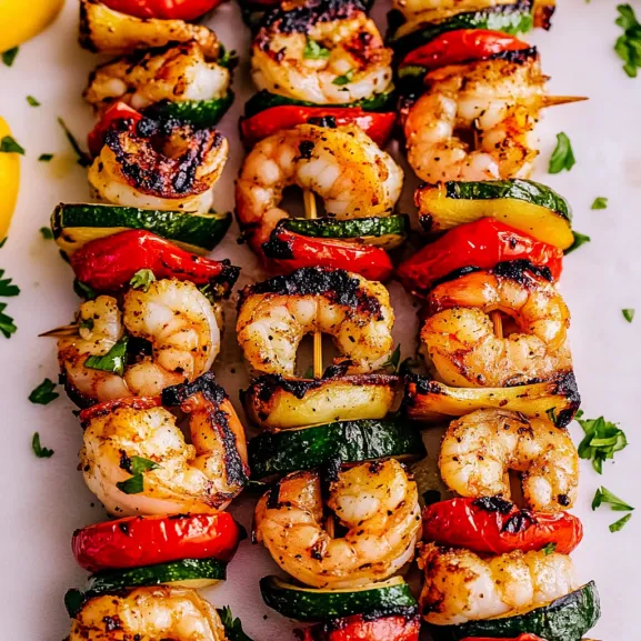 A plate of shrimp and vegetable skewers.