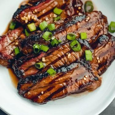 A plate of meat with green onions on top.
