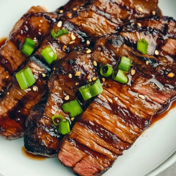 A plate of meat with green onions on top.