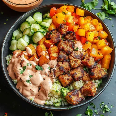 A bowl of food with rice, meat, and vegetables.