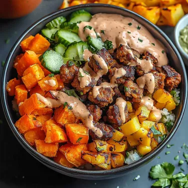 A bowl of food with meat and vegetables.