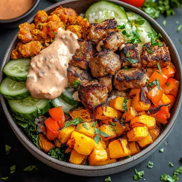 A bowl of food with meat, rice, and vegetables.