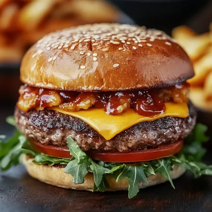 A close up of a burger with BBQ sauce.