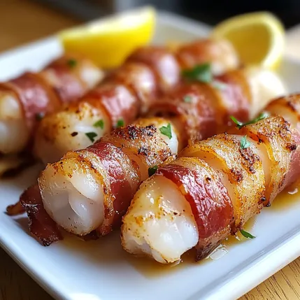 A plate of food with bacon wrapped shrimp and lemon wedges.