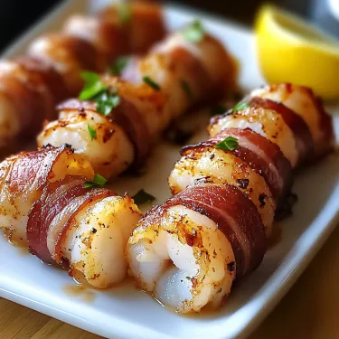 Shrimp wrapped in bacon on a plate.