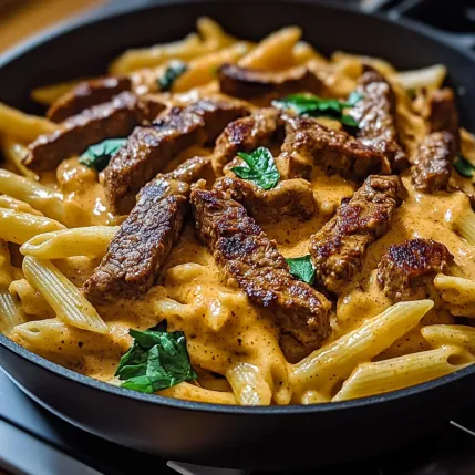 A pan of food with meat and pasta.