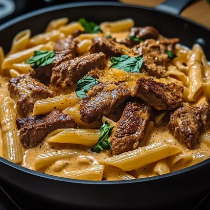 A bowl of pasta with meat and vegetables.