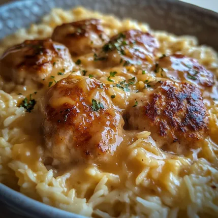 A bowl of rice with meatballs.