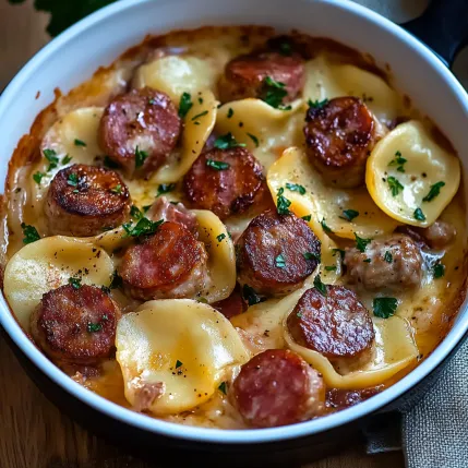 A bowl of food with sausage and pasta.