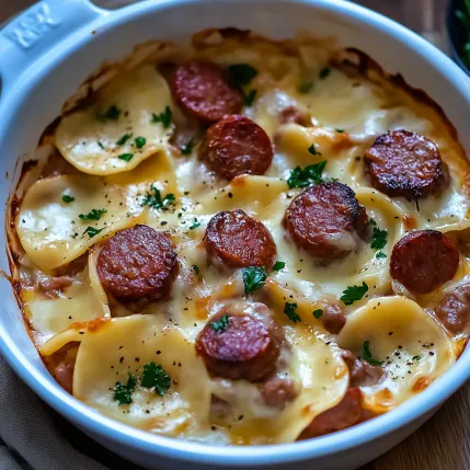 A bowl of food with meat and cheese.