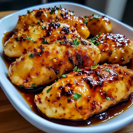A plate of chicken with sauce.