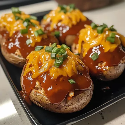 A plate of mushrooms with cheese and sauce.