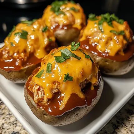 Three baked potatoes with cheese and bacon.