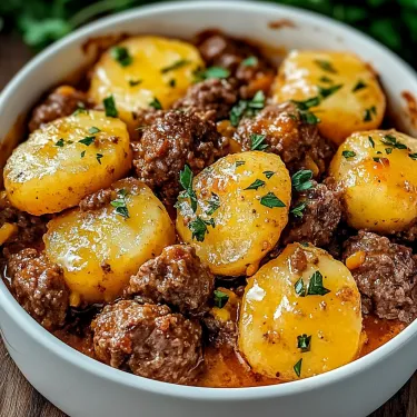 A bowl of food with meat and potatoes.