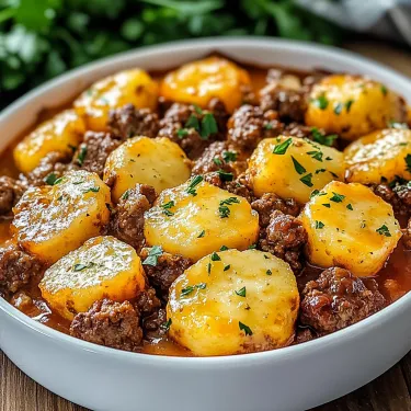 A bowl of meat and potatoes.