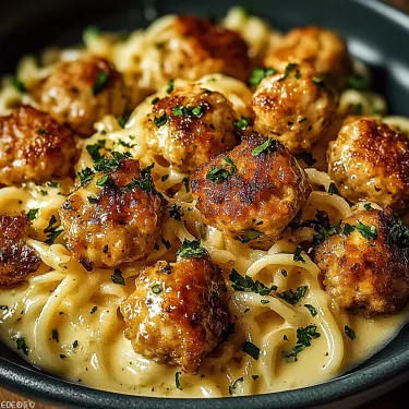 A bowl of pasta with meatballs and noodles.