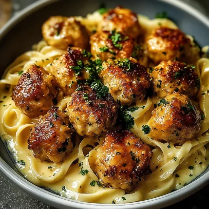 A bowl of pasta with meatballs.