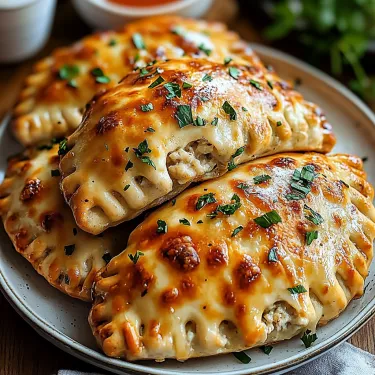 Two cheese and herb stuffed pizzas on a plate.