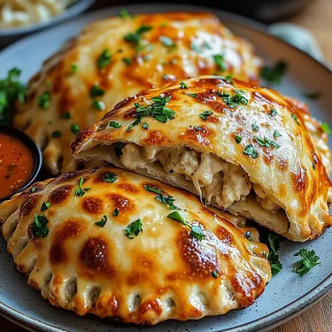 Two cheese and chicken empanadas on a plate.