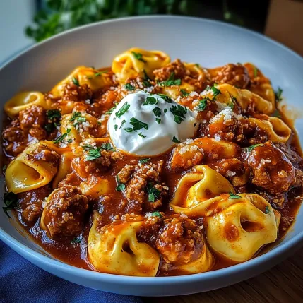 A bowl of pasta with meat sauce and a dollop of sour cream.