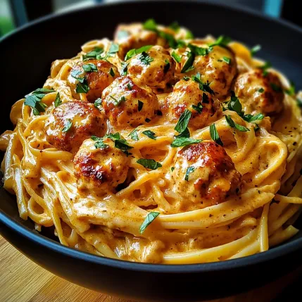 A bowl of pasta with meatballs and sauce.