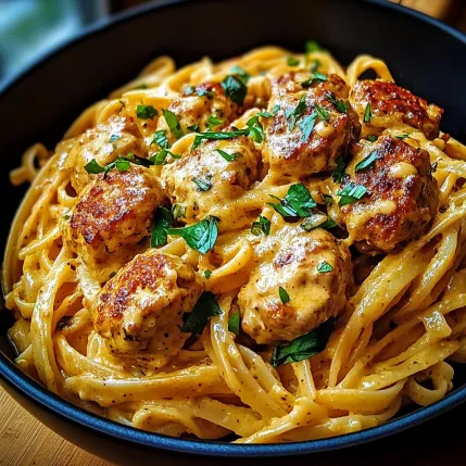 A bowl of pasta with meatballs and green herbs.
