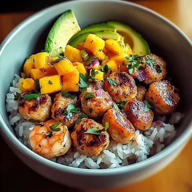 A bowl of food with rice, meat, and avocado.