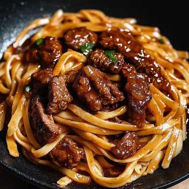 A plate of noodles with meat and sauce.
