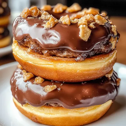 Three stacked chocolate donuts with nuts.