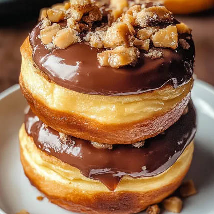 Three stacked chocolate donuts with nuts on top.