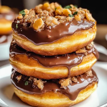 Chocolate covered donuts stacked on a plate.