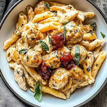 A bowl of pasta with meatballs and sauce.