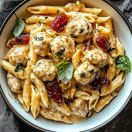 A bowl of pasta with meatballs and tomatoes.