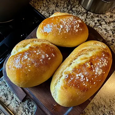 Three loaves of bread on a wooden cutting board.