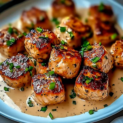 A plate of meatballs in a brown sauce.
