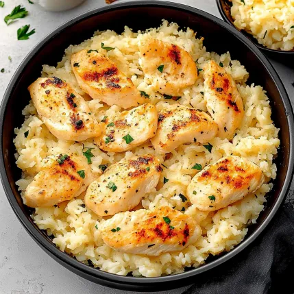 A bowl of rice with chicken and herbs.