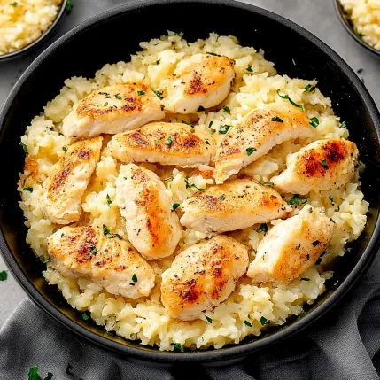 A bowl of rice with chicken and herbs.