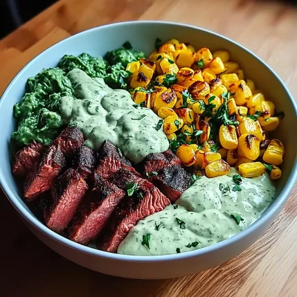 A bowl of food with meat, corn, and sauce.