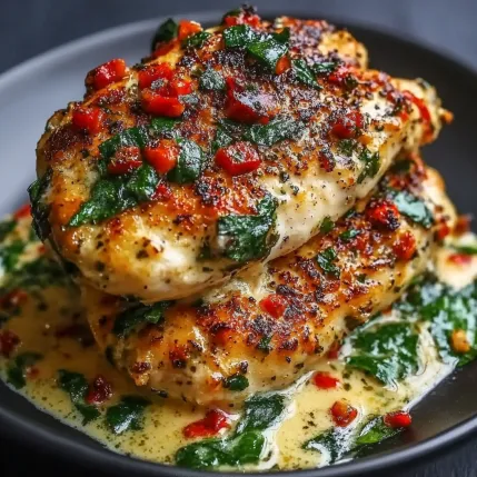 A plate of chicken with red peppers and greens.
