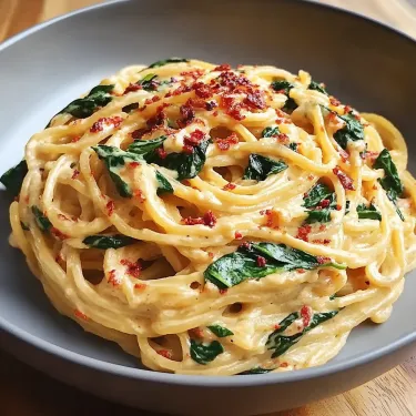 A bowl of pasta with spinach and red peppers.