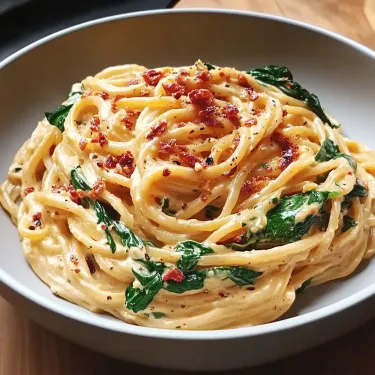 A bowl of pasta with spinach and bacon.