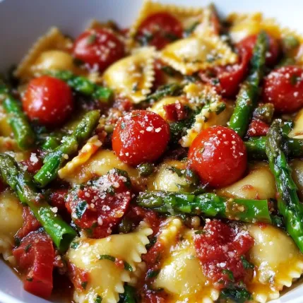 A bowl of pasta with tomatoes and asparagus.