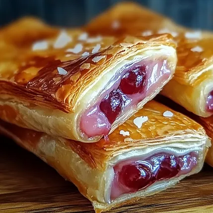 Three pieces of pastry with jelly and powdered sugar.