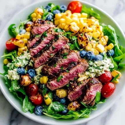 A plate of food with meat, corn, tomatoes, and blueberries.