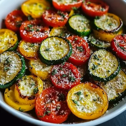 A bowl of vegetables with tomatoes, zucchini, and red peppers.