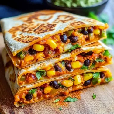 A stack of three burritos with black beans, corn, and peppers.