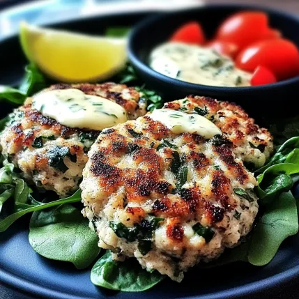 A plate of food with two crab cakes and a bowl of sauce.